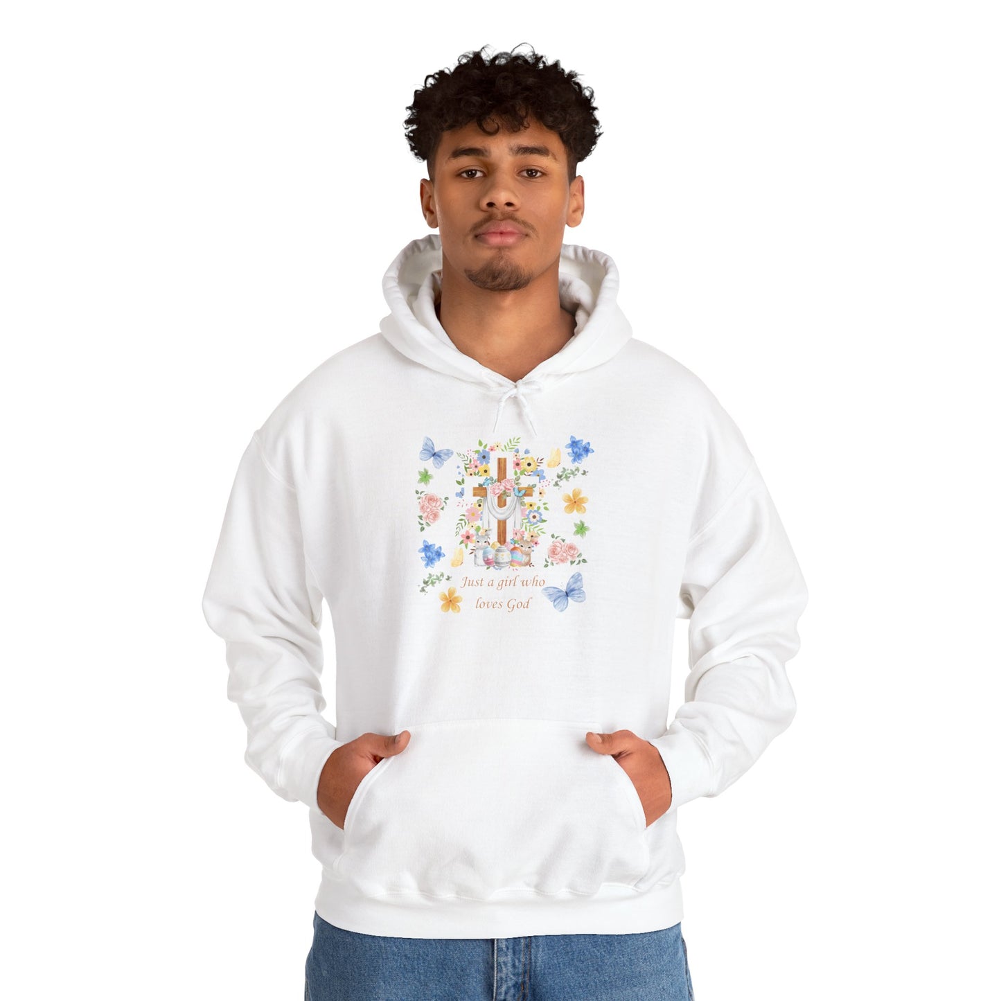 Just a Girl Who Loves God — Cross & Flower Hoodie
