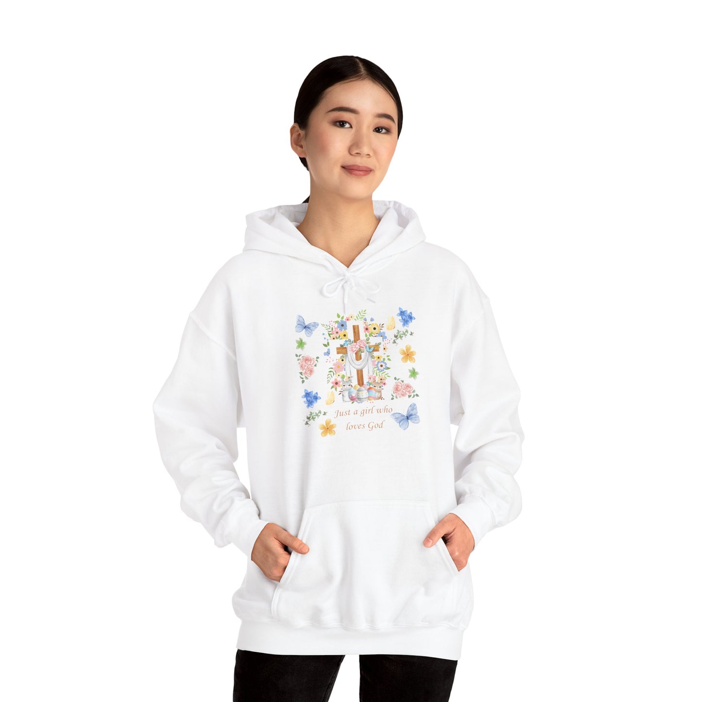 Just a Girl Who Loves God — Cross & Flower Hoodie