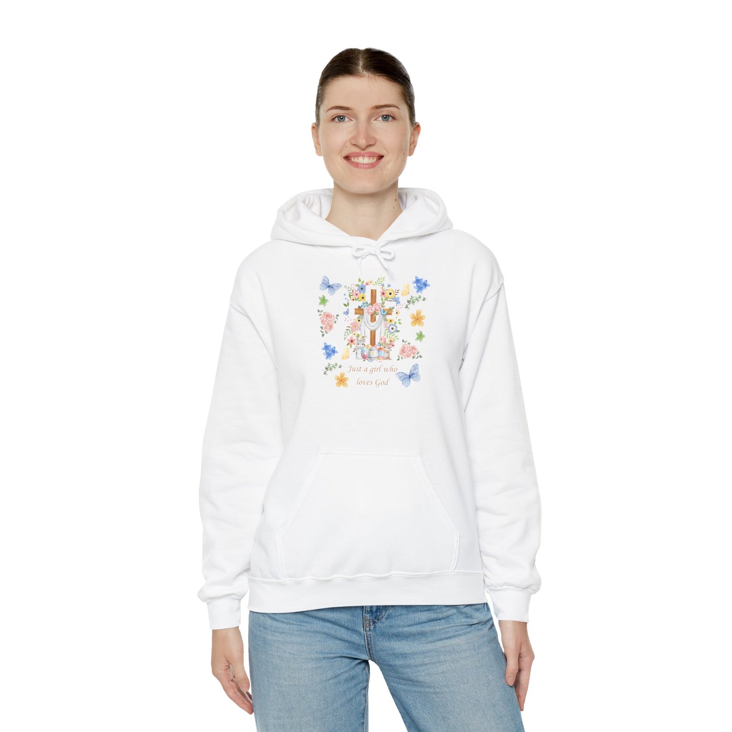 Just a Girl Who Loves God — Cross & Flower Hoodie