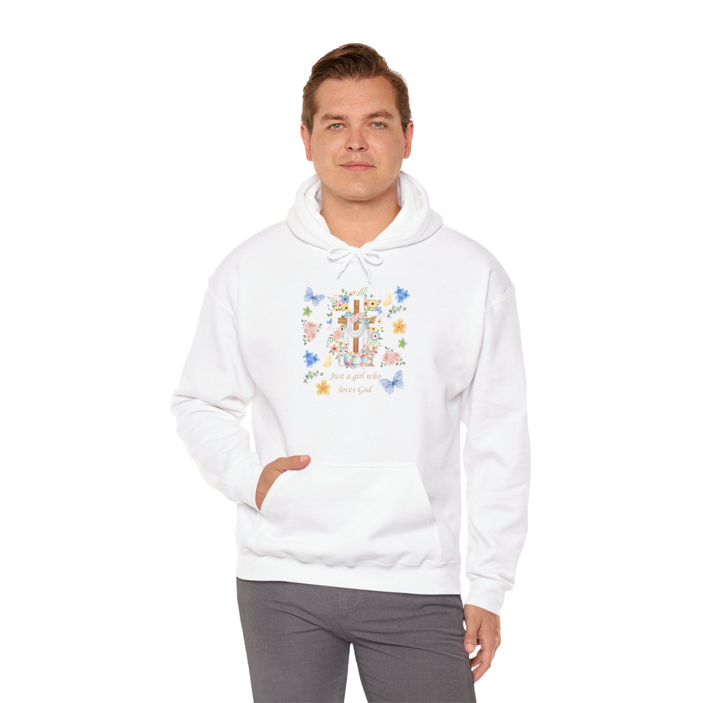 Just a Girl Who Loves God — Cross & Flower Hoodie
