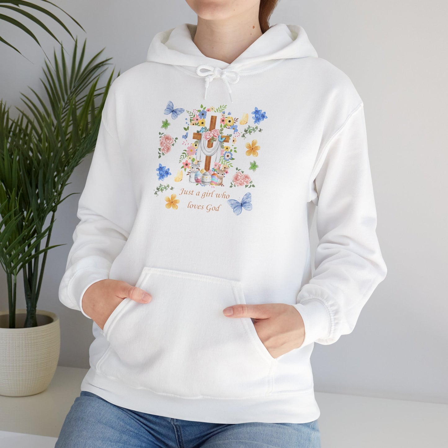 Just a Girl Who Loves God — Cross & Flower Hoodie